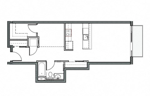 Floor plan for 1 bed, 1 bath, 651 sqft